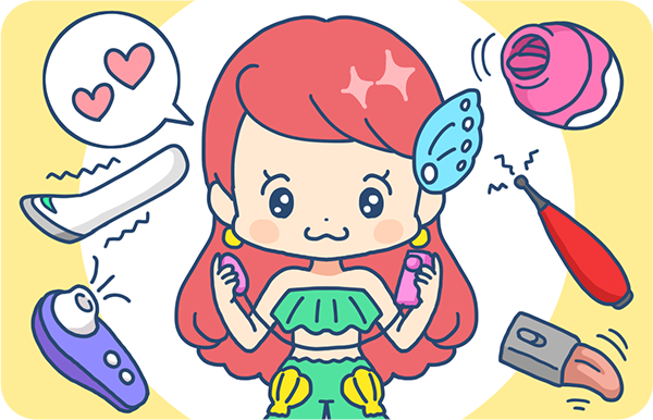 クリを刺激するアダルトグッズをいろいろ試しているミアのイラスト