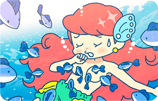 小さな魚がミアの胸周辺に集まり刺激しているイラスト