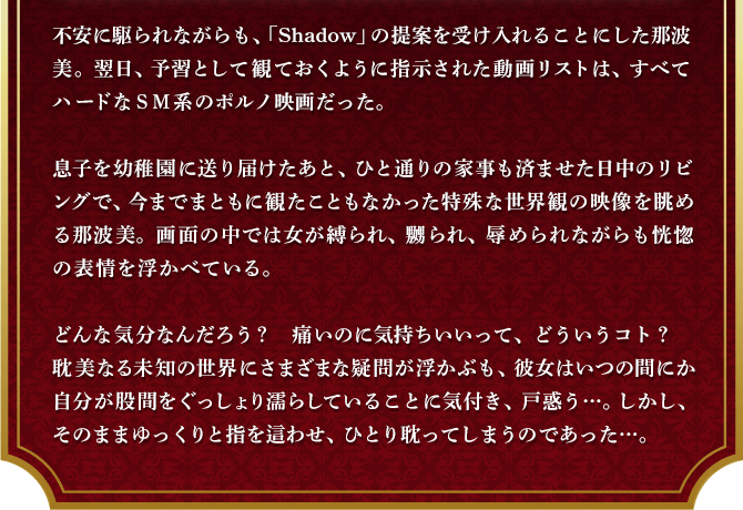 不安に駆られながらも、「Shadow」の提案を受け入れることにした那波美。翌日、予習として観ておくように指示された動画リストは、すべてハードなＳＭ系のポルノ映画だった。息子を幼稚園に送り届けたあと、ひと通りの家事も済ませた日中のリビングで、今までまともに観たこともなかった特殊な世界観の映像を眺める那波美。画面の中では女が縛られ、嬲られ、辱められながらも恍惚の表情を浮かべている。どんな気分なんだろう？　痛いのに気持ちいいって、どういうコト？　耽美なる未知の世界にさまざまな疑問が浮かぶも、彼女はいつの間にか自分が股間をぐっしょり濡らしていることに気付き、戸惑う…。しかし、そのままゆっくりと指を這わせ、ひとり耽ってしまうのであった…。